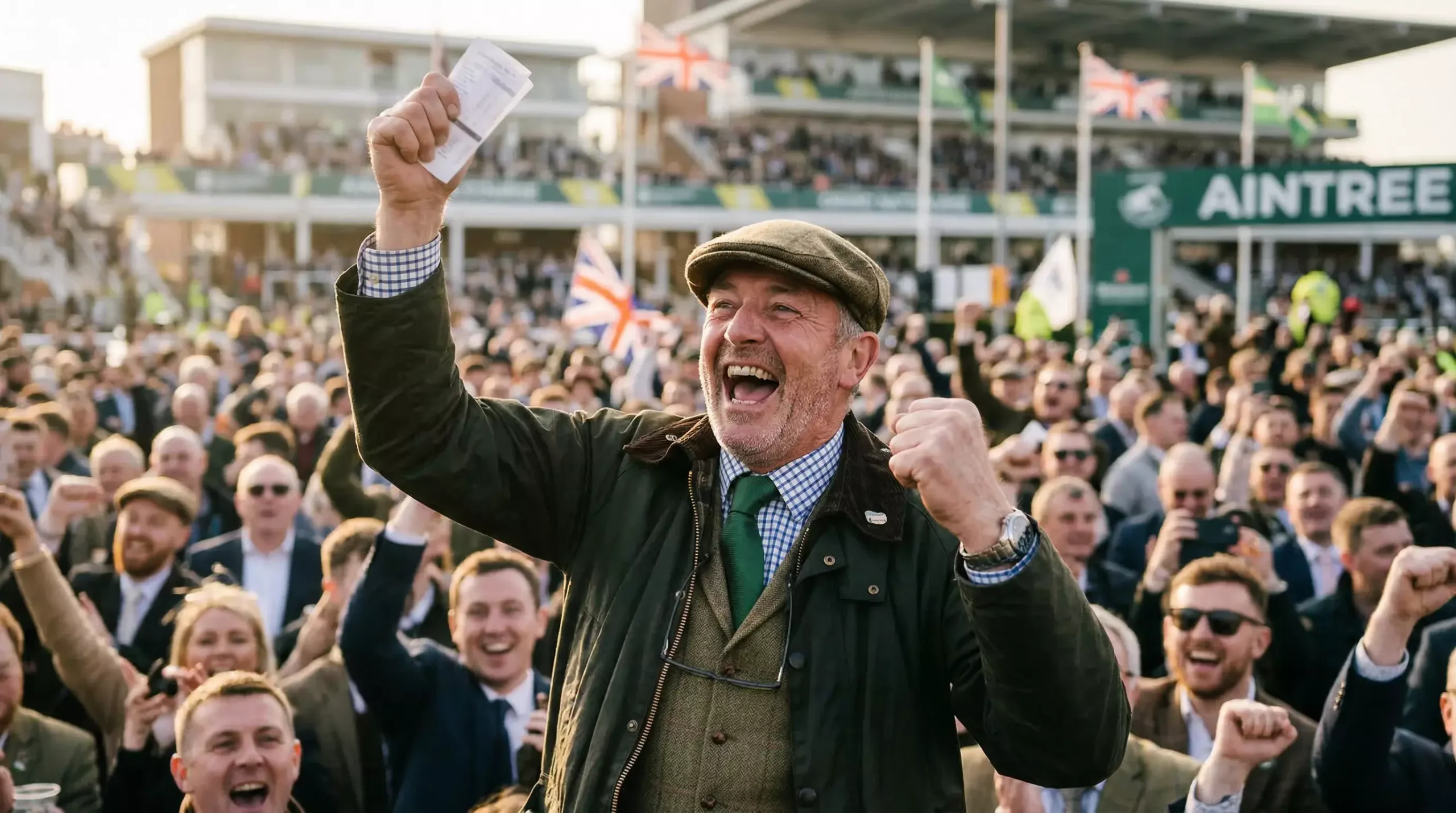Jubilant punter celebrating a winning Grand National tricast bet worth thousands of pounds