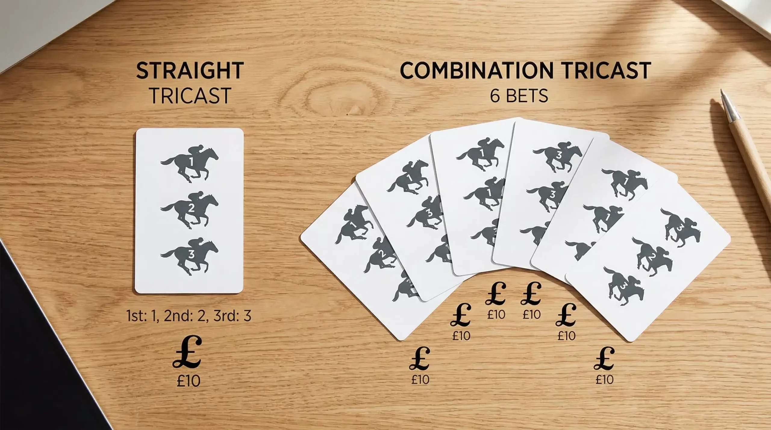 Visual comparison showing straight tricast single order versus combination tricast six permutations
