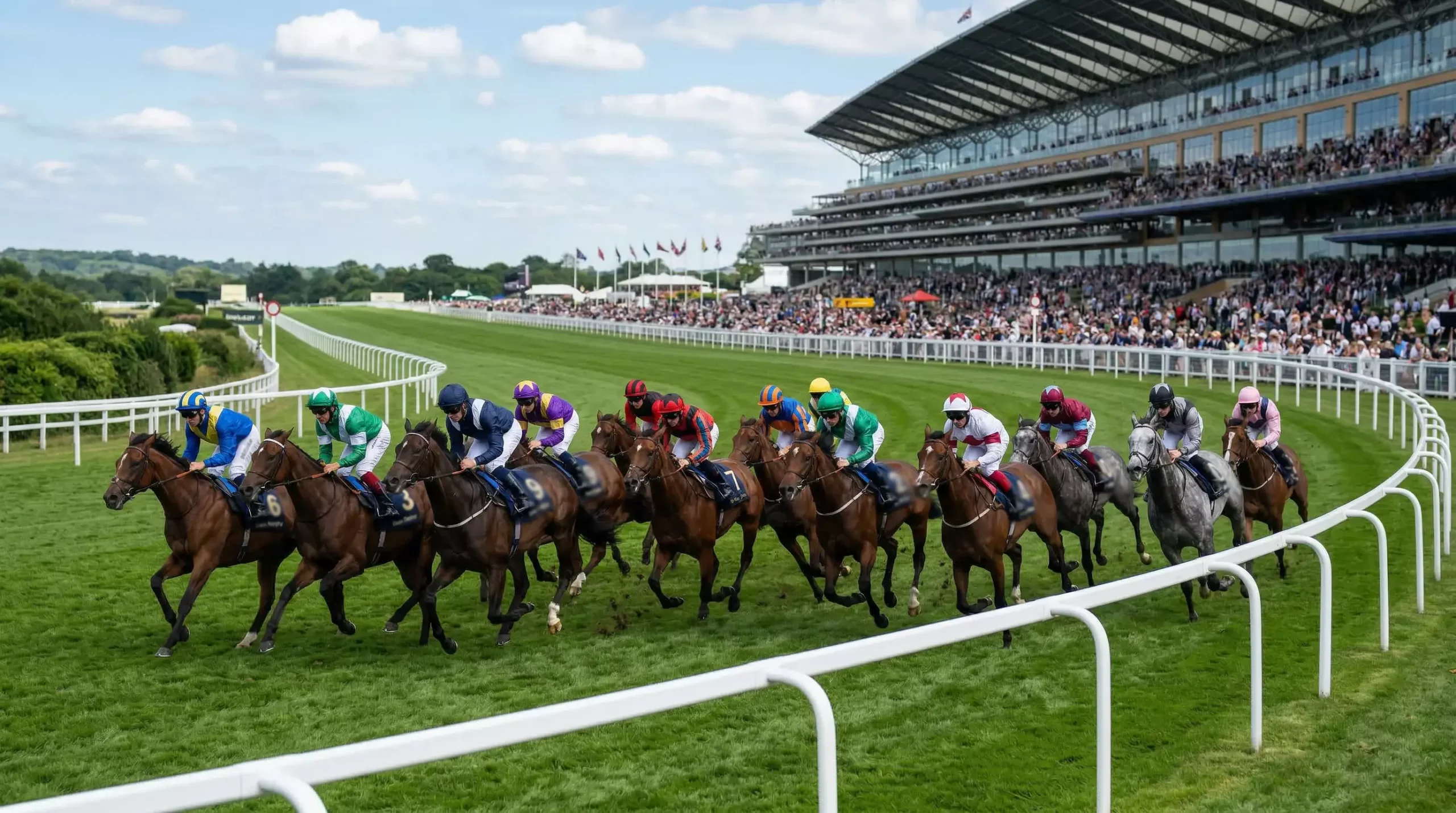 Large field of horses racing in a competitive UK handicap race at a major meeting